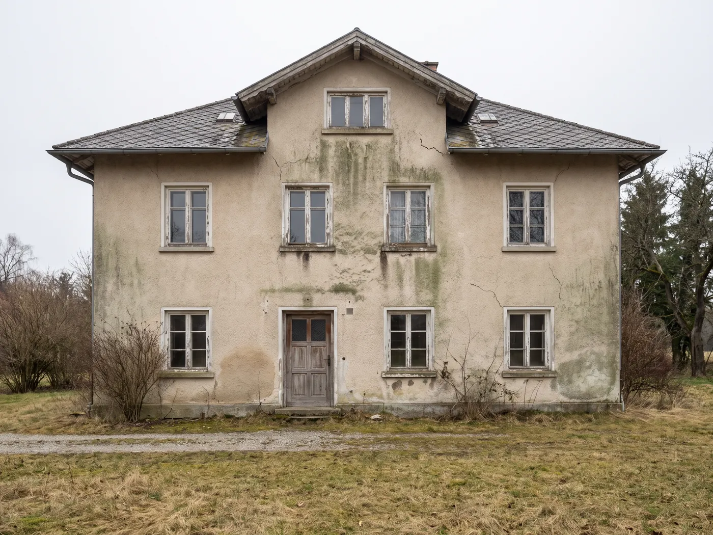 Einfamilienhaus mit verwitterter Fassade, Algen, Rissen und abblätternder Farbe