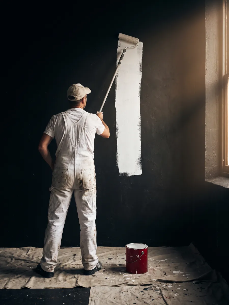 Maler rollt weiße Farbe auf eine Wand